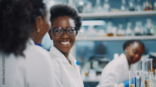 Mulher afro cientista sorrindo em um laboratório  photo