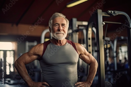 Grandpa in the gym  elderly man  muscles on his arms  bearded old man  grandfather smiling