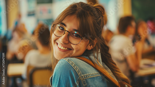 Garota usando óculos e sorrindo dentro da sala de aula na escola photo