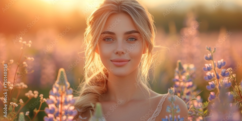 In a carefree meadow, a young woman, attractive and joyful, enjoys nature's freedom.