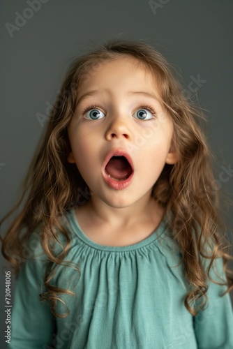 Caucasian brunette little curly girl with long hair in awe with her eyes and mouth wide open