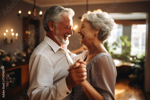 elderly couple dancing and smiling complicit look