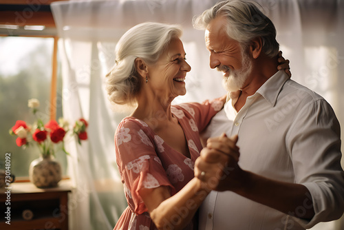elderly couple dancing and smiling complicit look photo
