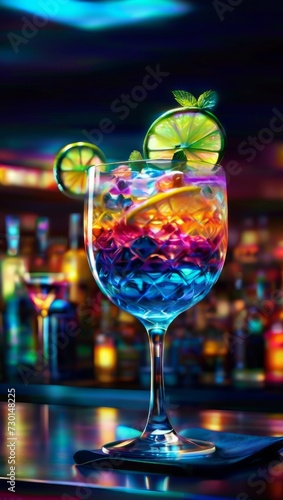 A close-up shot captures a colorful cocktail adorned with a slice of orange and a sprig of mint, set against the blurred lights of a lively evening atmosphere.