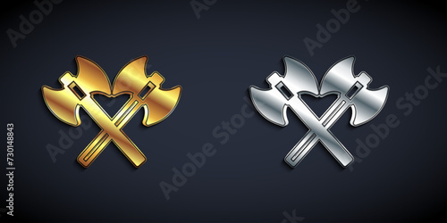 Gold and silver Crossed medieval axes icon isolated on black background. Battle axe, executioner axe. Medieval weapon. Long shadow style. Vector