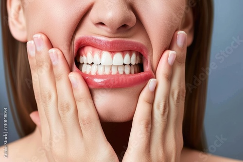 Smiling woman with braces showcasing healthy teeth and radiant red lipstick in a close-up, emphasizing dental care and beauty