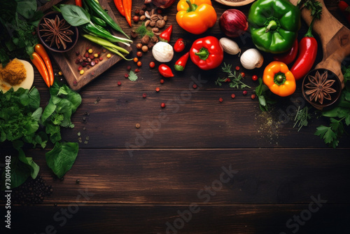 Food cooking ingredients, fresh vegetables herbs and spices on wooden board, top view
