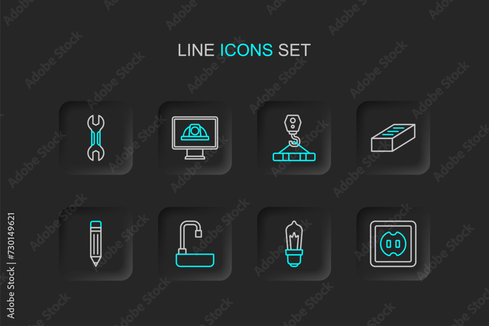 Set line Electrical outlet, Light bulb, Washbasin, Pencil with eraser, Brick, Crane hook, Worker safety helmet and Wrench spanner icon. Vector