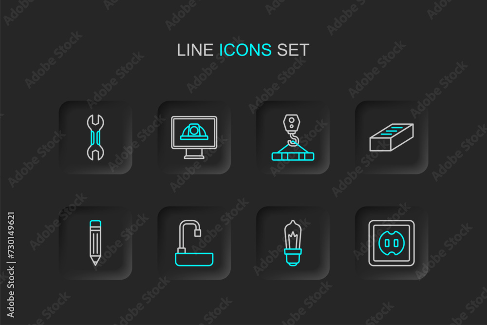Set line Electrical outlet, Light bulb, Washbasin, Pencil with eraser, Brick, Crane hook, Worker safety helmet and Wrench spanner icon. Vector Set line Electrical outlet, Light bulb, Washbasin, Pencil with eraser, Brick, Crane hook, Worker safety helmet and Wrench spanner icon. Vector