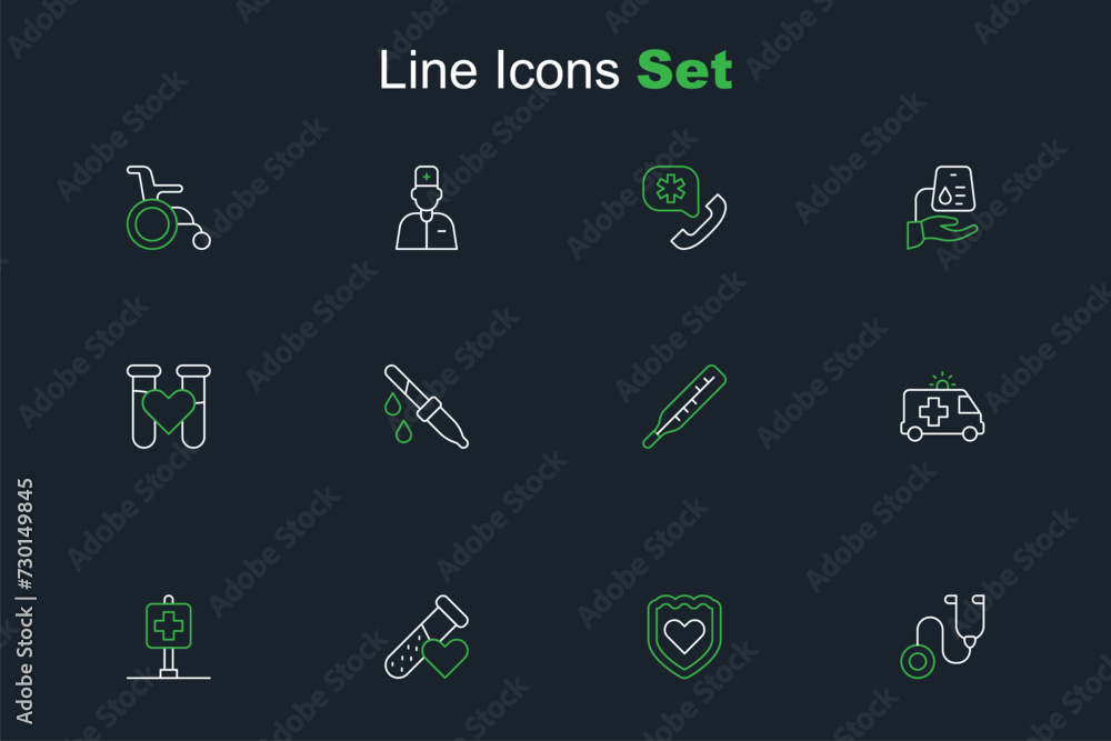 Set line Stethoscope, Immune system, Test tube with blood, Location hospital, Ambulance car, Medical thermometer, Pipette and icon. Vector Set line Stethoscope, Immune system, Test tube with blood, Location hospital, Ambulance car, Medical thermometer, Pipette and icon. Vector