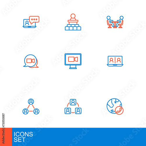 Set line Video chat conference, Meeting, and Speaker icon. Vector