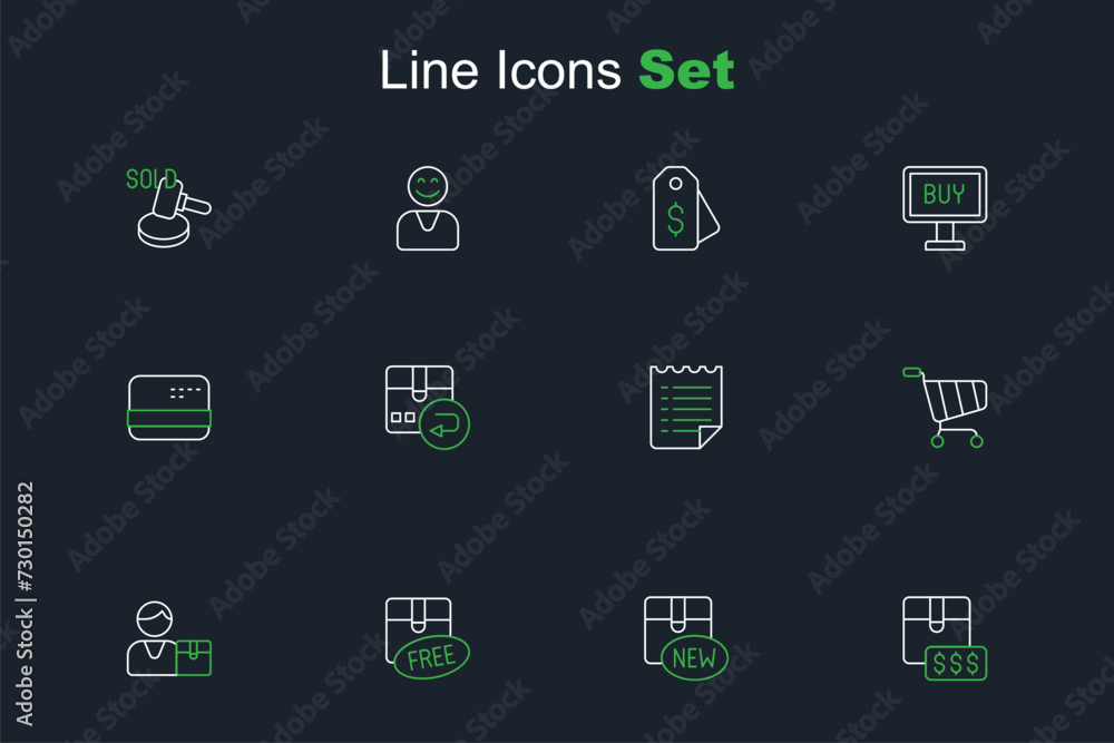 Set line Item price tag with dollar, New collection, Cardboard box free symbol, Buyer, Shopping cart, Wish list template, Return cardboard and Credit icon. Vector