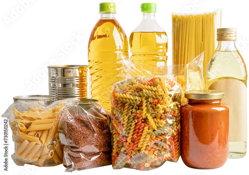 Foodstuff for donation, storage and delivery on white background with clipping path. Various food, pasta, cooking oil and canned food. photo
