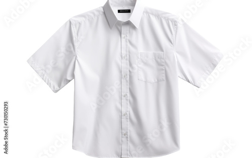 Men's essential white short-sleeve button-up shirt displayed on a white background.