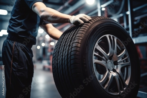 Mechanic changing car tire at repairing service 