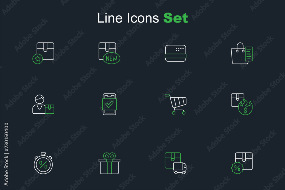 Naklejka premium Set line Cardboard box with discount, Delivery cargo truck, Gift, Stopwatch percent, Hot price, Shopping cart, Mobile shopping and Buyer icon. Vector