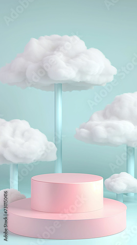Podium on white clouds background. Product presentation. Minimal Mockup stage in blue background. Mock-up, show cosmetic product. Empty total pink podium. 