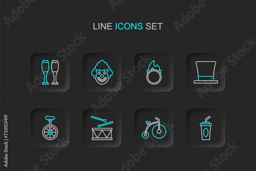 Set line Paper glass with water, Vintage bicycle, Drum drum sticks, Unicycle, Cylinder hat, Circus fire hoop, Clown head and Bowling pin icon. Vector