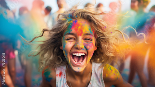 photo of a woman playing with colors, a teenage girl playing Holi, happy holi