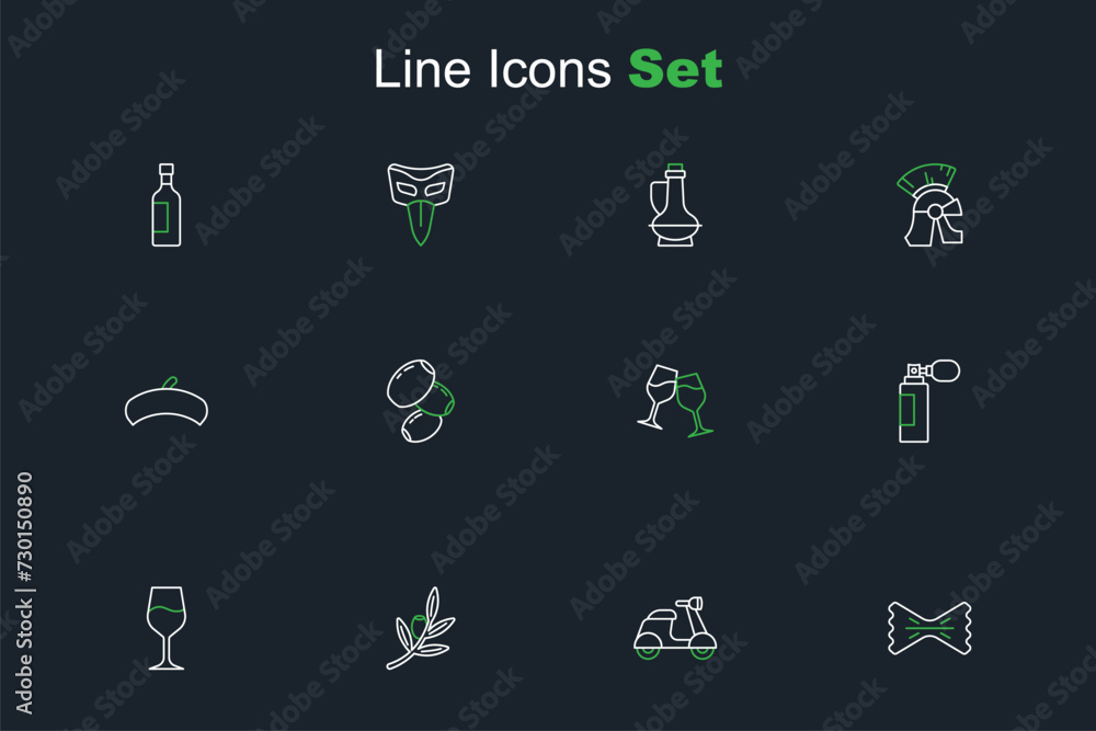 Set line Macaroni, Scooter, Olives branch, Wine glass, Perfume, and French beret icon. Vector Set line Macaroni, Scooter, Olives branch, Wine glass, Perfume, and French beret icon. Vector