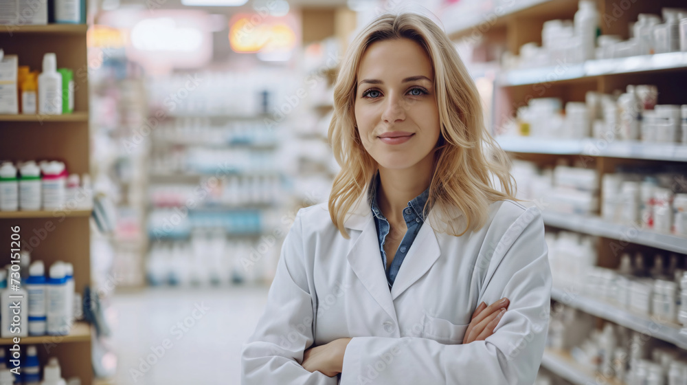 blonde caucasian pharmacist woman in pharmacy