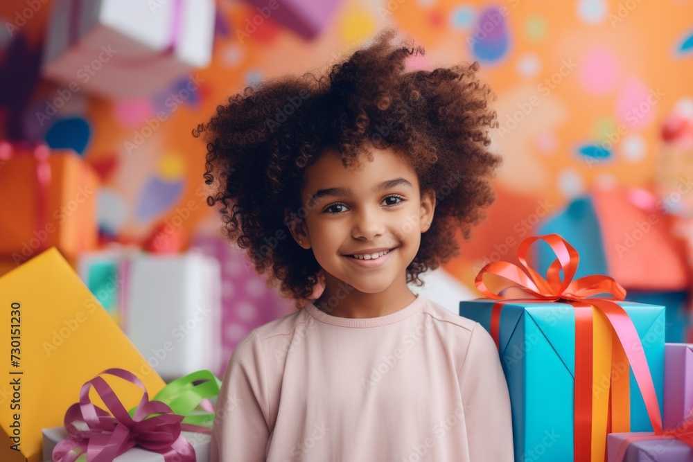 happy african american child girl with gift boxes tied ribbons and colorful paper decorations for the holiday happy african american child girl with gift boxes tied ribbons and colorful paper decorations for the holiday