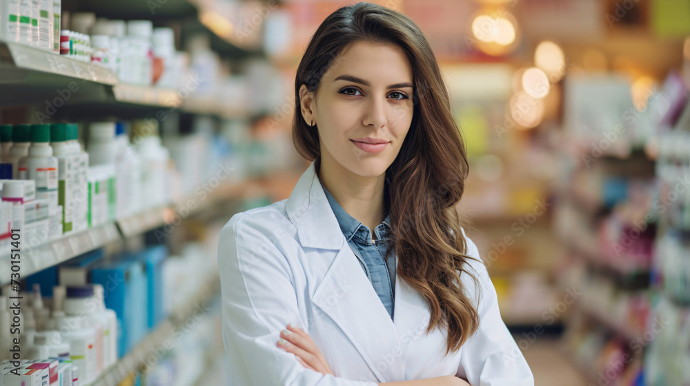 brunette caucasian pharmacist woman in pharmacy