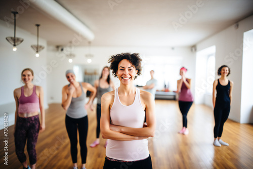 The confident smile of a slim woman in a yoga studio with friends © VetalStock