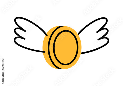 Hand drawn cute cartoon illustration of coin with outline wings. Flat vector flying money sticker in doodle style. Spend money, shopping, financial crisis icon or print. Isolated on white background.