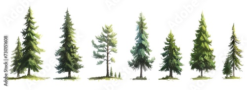 Artistic illustration of diverse trees set against pristine white background encapsulating beauty of nature and environmental growth collection of tree drawings from leafy oaks to pine branches © Bussakon