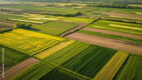 Aerial top view of panorama seen from above of the plain with the cultivated fields divided into geometric shapes in spring background, copy space © ND STOCK