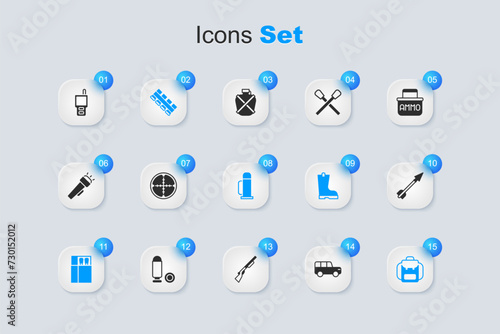 Set Safari car, Sniper optical sight, Hunting cartridge belt, Open matchbox and matches, Hiking backpack, Medieval arrow, Walkie talkie and Thermos container icon. Vector