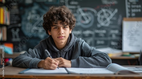 A young student attentively solving complex math problems at his neatly organized desk