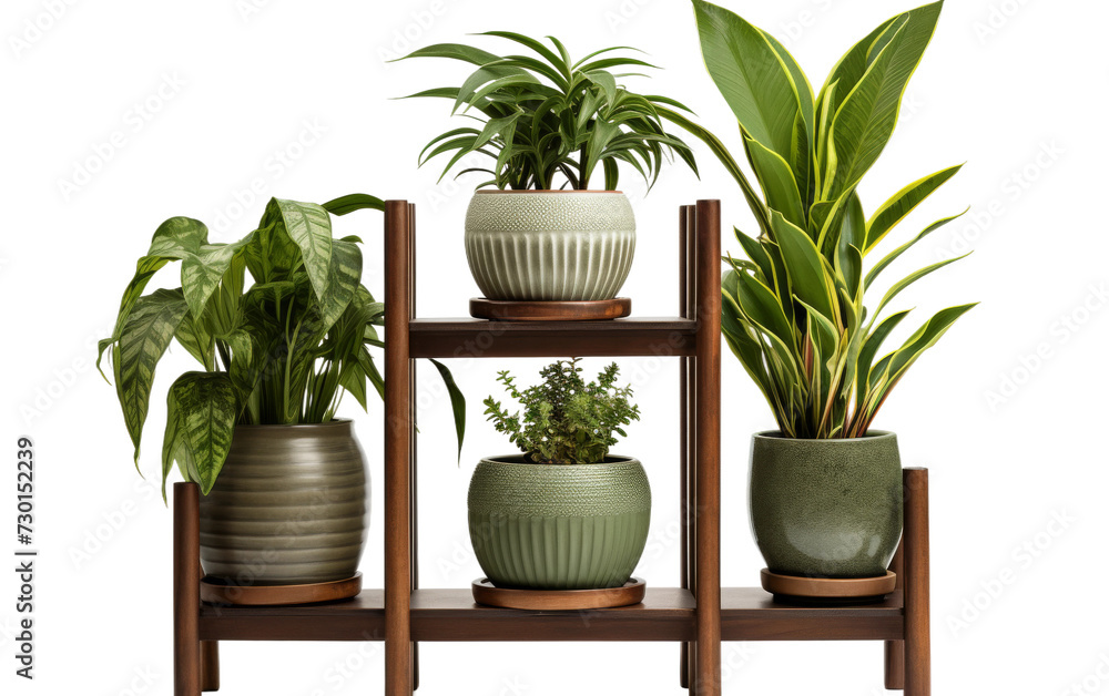 Mid-century modern plant stand with potted plants on white background.