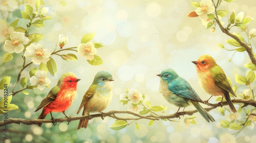 Delightful bird illustrations on a soft, spring-inspired backdrop evoke the melodies of the season