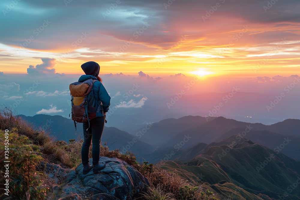 A solo backpacker gazing at a breathtaking sunset from a mountain peak