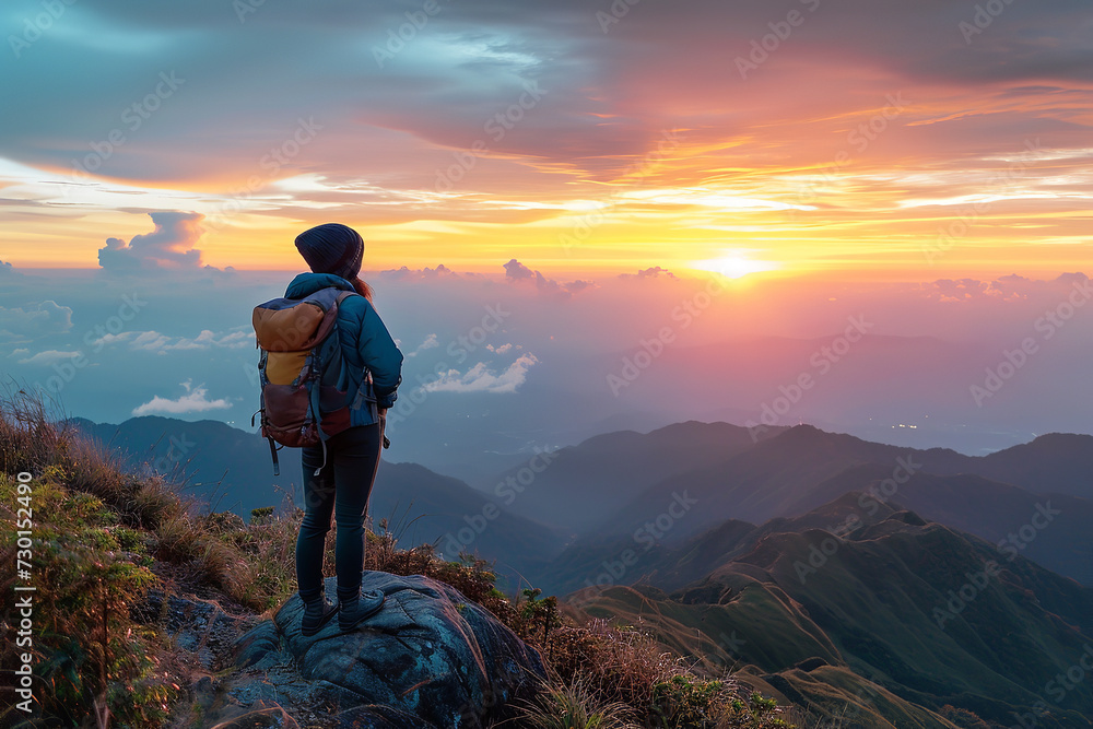Obraz premium A solo backpacker gazing at a breathtaking sunset from a mountain peak