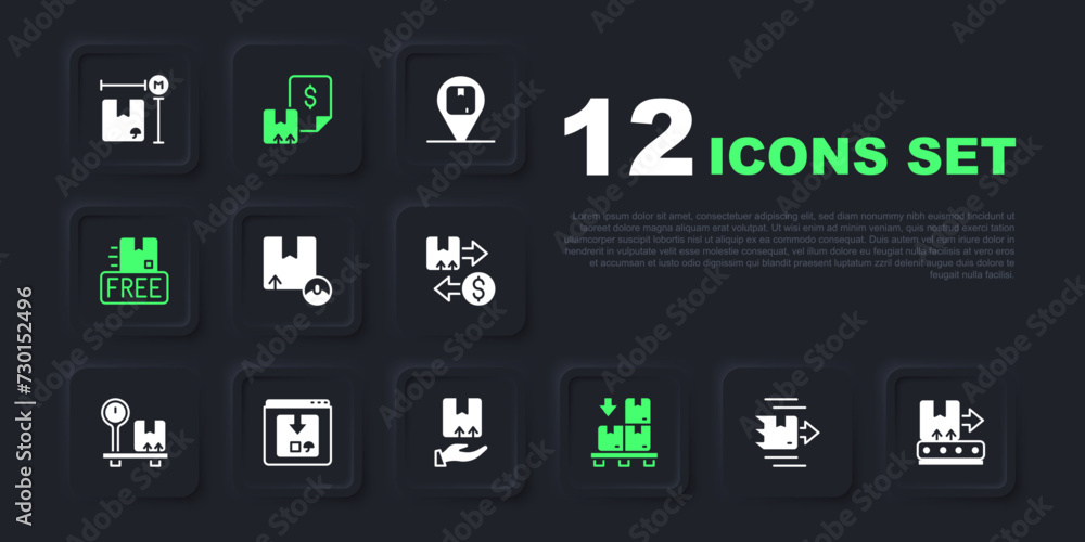 Set Carton cardboard box, Conveyor belt with, Cardboard boxes pallet, free symbol, Online app delivery tracking, Waybill and Delivery hand icon. Vector Set Carton cardboard box, Conveyor belt with, Cardboard boxes pallet, free symbol, Online app delivery tracking, Waybill and Delivery hand icon. Vector