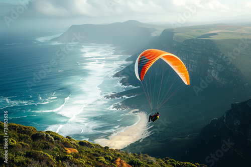 an adventure-seeker paragliding over a breathtaking coastal landscape.
