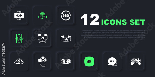 Set Augmented reality AR, Gamepad, 360 degree view, 3d modeling, Virtual glasses, and icon. Vector