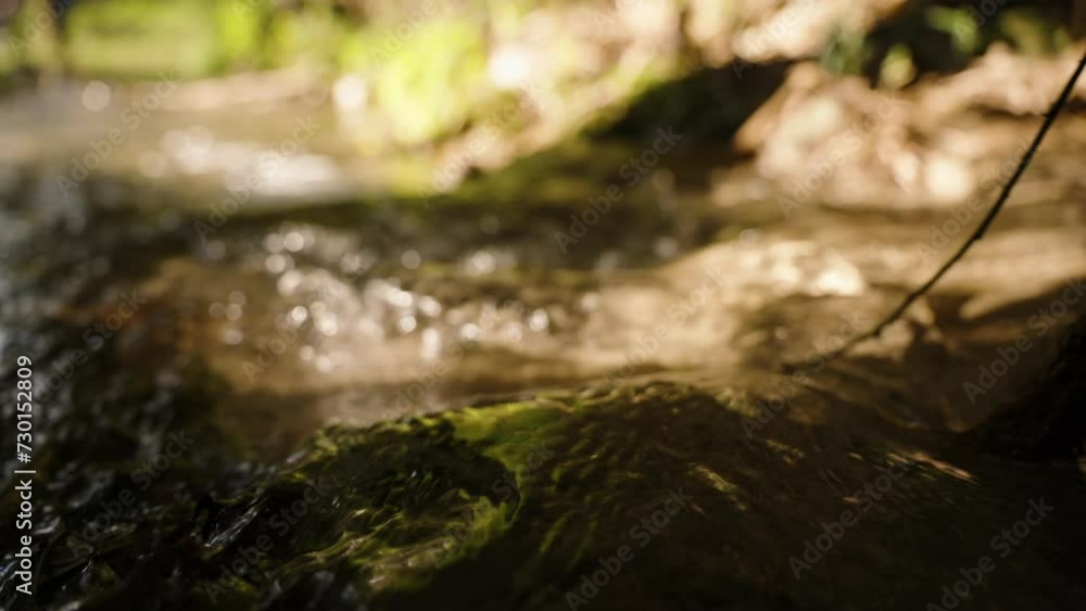 Close-Up of a Small Stream with Roaring Water Emerging from Darkness into Sunlight. Slow Motion. Close-Up of a Small Stream with Roaring Water Emerging from Darkness into Sunlight. Slow Motion.