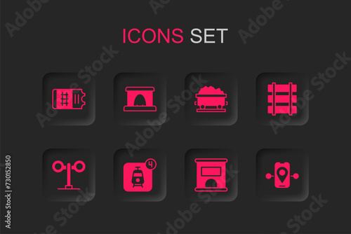 Set Online ticket booking, Railway tunnel, Train, Ticket office to buy tickets, Railway, railroad track, Route location, Coal train wagon and traffic light icon. Vector
