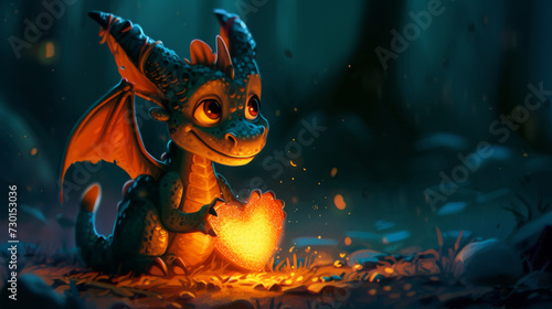 Cute digital coloring dragon with a heart and light.