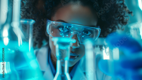 A close-up of a female scientist in a laboratory conducting scientific research