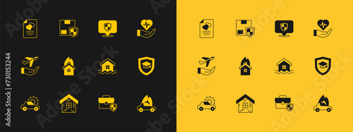 Set Life insurance in hand, House, flood, Briefcase with shield, Fire burning house, Location, Marriage contract and Delivery security icon. Vector