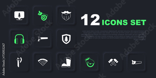 Set Crossed hammer, Hand saw, Electric circular, Headphones, Wooden beam, log and Waterproof rubber boot icon. Vector