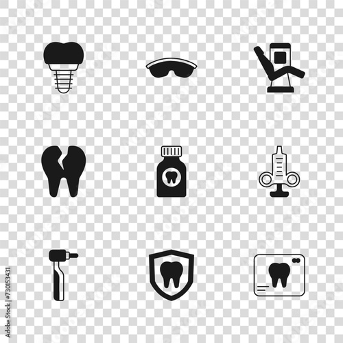 Set Dental protection, Syringe, X-ray of tooth, Toothache painkiller tablet, Medical dental chair, implant, Safety goggle glasses and Broken icon. Vector