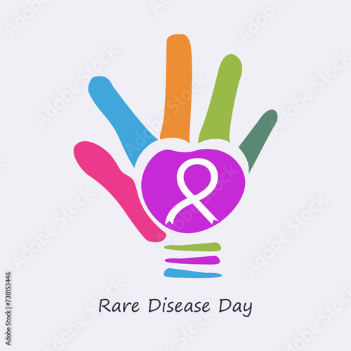 Rare Disease Day vector, illustration. Colorful hand and ribbons design concept.