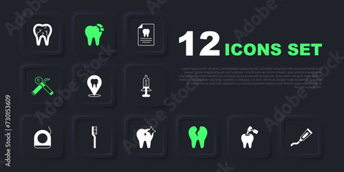 Set Tooth with caries and drill, Tube of toothpaste, Dental clinic location, Broken, mirror probe, Toothbrush, and whitening icon. Vector