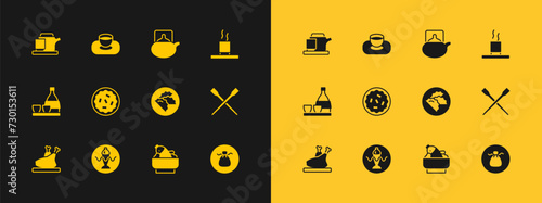 Set Cup of tea, Served fish on plate, Dumpling, Rice with bowl, Homemade pie, Traditional ceremony, and Soy sauce icon. Vector